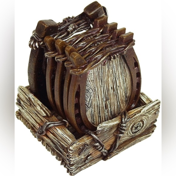 Other - Horseshoe Coaster Set with Holder Collectible Wood Look
